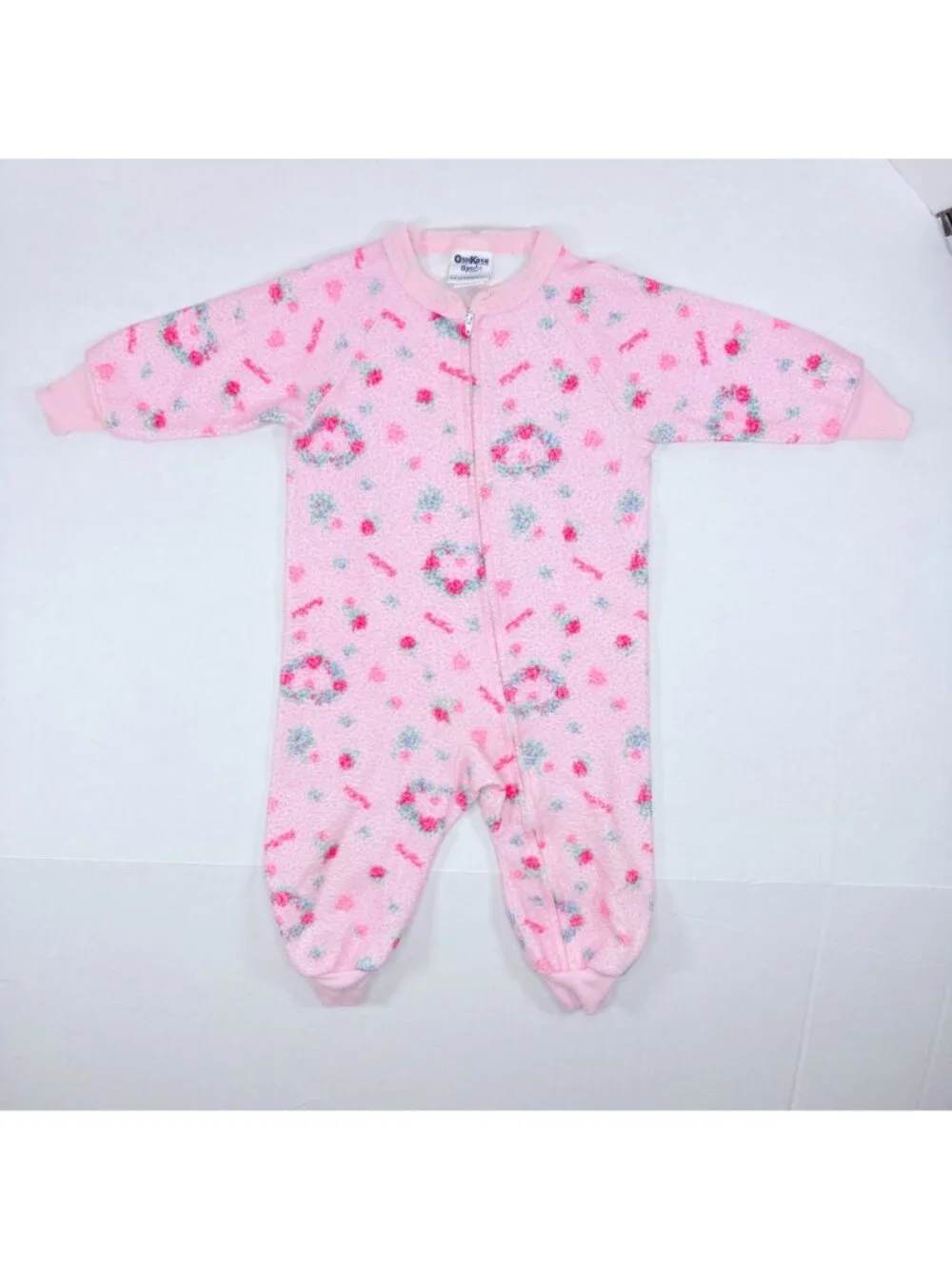 Vintage Oshkosh Girls Heart Floral Fleece One Piece Pajamas Outfit 2T / 18m